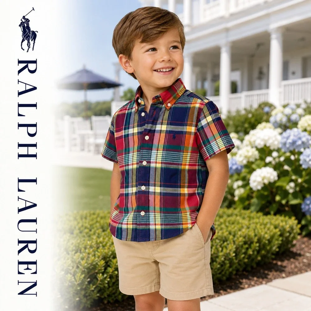 Ralph Lauren Plaid Shirt Kids Size 4 Multi Color Button Down Short Sleeve Madras